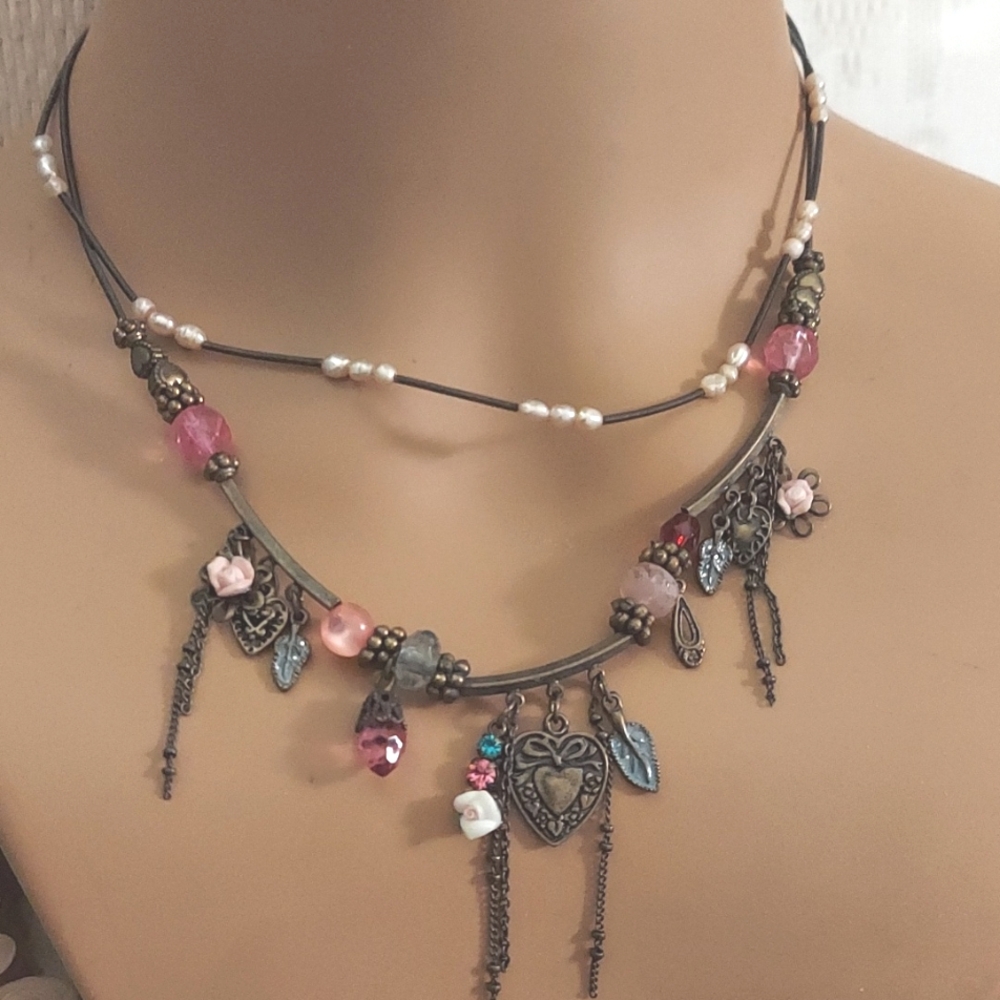 AE Vintage Art Deco Enamel, beaded Crystal multi strand Romantic Choker Necklace